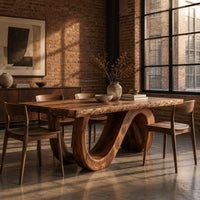 Dining table with a live edge top and a looping wave base in an industrial loft dining room with exposed brick