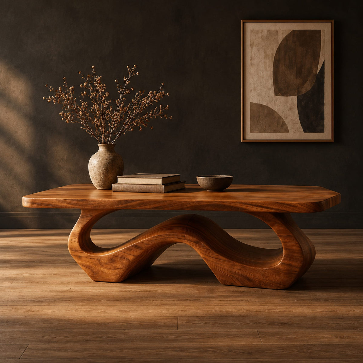 Rectangle coffee table with softly shaped corners on a flowing wave loop base in a dark studio against a charcoal plaster wall
