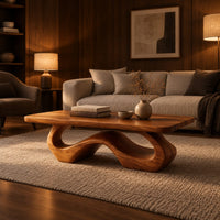 Rectangle coffee table with softly shaped corners on a flowing wave loop base in an evening living room with walnut wall paneling