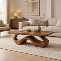 Rectangle coffee table with softly shaped corners on a flowing wave loop base in a Scandinavian living room with white walls