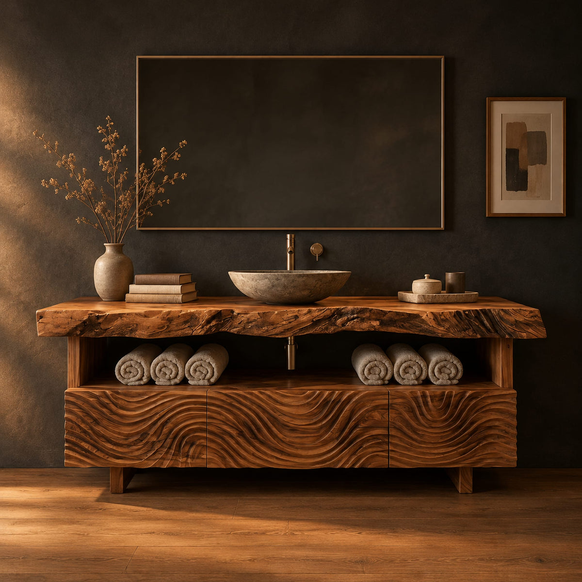 Bathroom vanity with wave carved fronts and a live edge top in a dark studio against a charcoal plaster wall