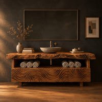 Bathroom vanity with wave carved fronts and a live edge top in a dark studio against a charcoal plaster wall