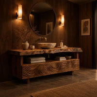 Bathroom vanity with wave carved fronts and a live edge top in an evening bathroom with walnut wall paneling