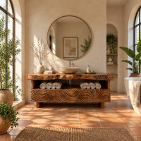 Bathroom vanity with wave carved fronts and a live edge top in a bright bathroom with arched windows and plants