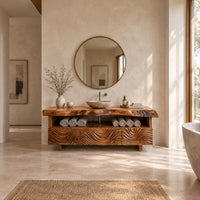 Bathroom vanity with wave carved fronts and a live edge top in a bright open plan bathroom