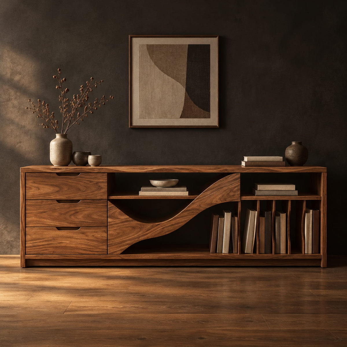 Tv stand with three drawers and a wave shaped center panel in a dark studio against a charcoal plaster wall