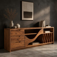 Tv stand with three drawers and a wave shaped center panel, three-quarter view showing the grain