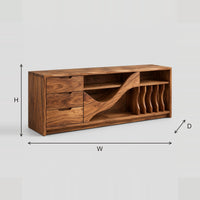 Wave Panel TV Stand With Three Drawers And Upright Slots dimension diagram with width, height and depth