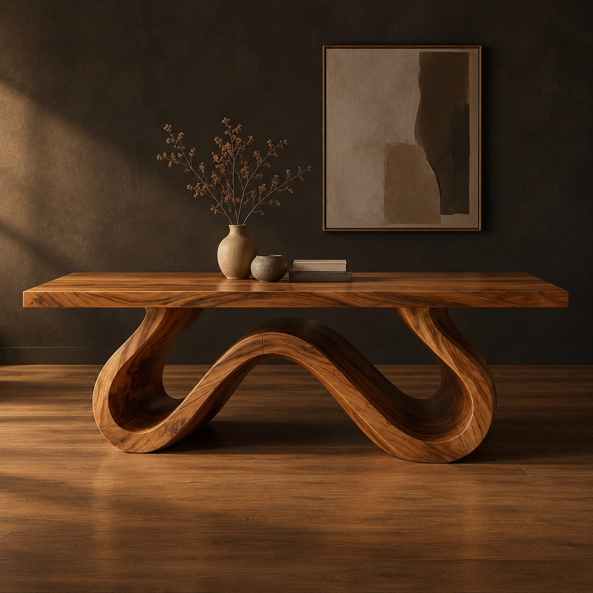 Long dining table on a single sculpted wave ribbon base in a dark studio against a charcoal plaster wall