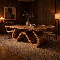 Long dining table on a single sculpted wave ribbon base in an evening dining room with walnut wall paneling