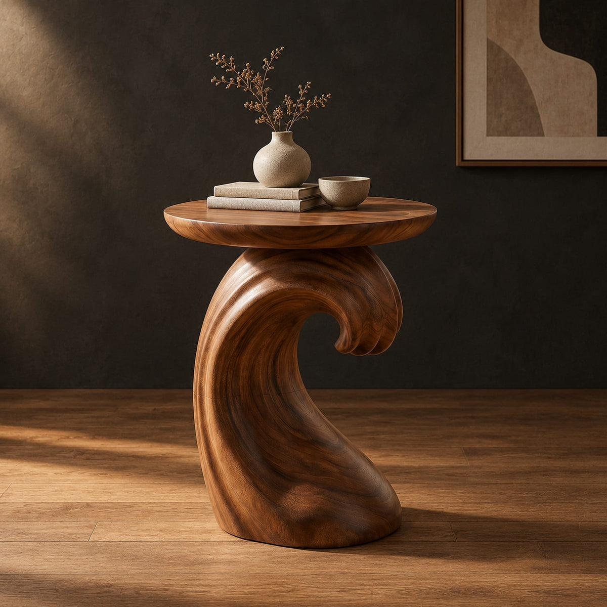 Side table with a wave shaped pedestal and a circular top in a dark studio against a charcoal plaster wall