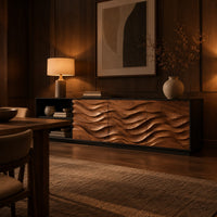 Sideboard with wave relief wood panels, a black frame and open shelves in an evening dining room with walnut wall paneling