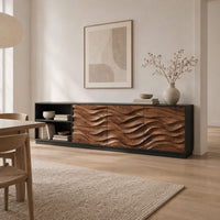 Sideboard with wave relief wood panels, a black frame and open shelves in a Scandinavian dining room with white walls
