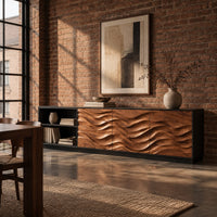 Sideboard with wave relief wood panels, a black frame and open shelves in an industrial loft dining room with exposed brick