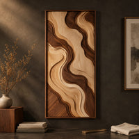 Detail of wall art panel with flowing two tone wave relief in a slim frame beside wood, brass and linen samples