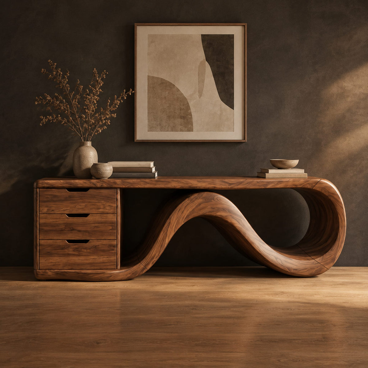 Tv stand with a three drawer block and a flowing wave ribbon in a dark studio against a charcoal plaster wall