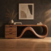 Tv stand with a three drawer block and a flowing wave ribbon in a dark studio against a charcoal plaster wall