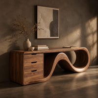 Corner detail of tv stand with a three drawer block and a flowing wave ribbon beside wood, brass and linen samples
