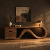Tv stand with a three drawer block and a flowing wave ribbon in a dark living room at golden hour