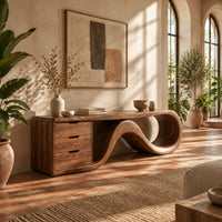 Tv stand with a three drawer block and a flowing wave ribbon in a bright living room with arched windows and plants