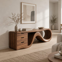 Tv stand with a three drawer block and a flowing wave ribbon in a Scandinavian living room with white walls