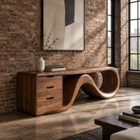 Tv stand with a three drawer block and a flowing wave ribbon in an industrial loft living room with exposed brick