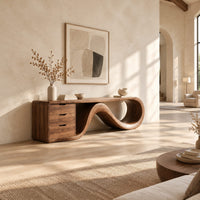 Tv stand with a three drawer block and a flowing wave ribbon in a bright open plan living room