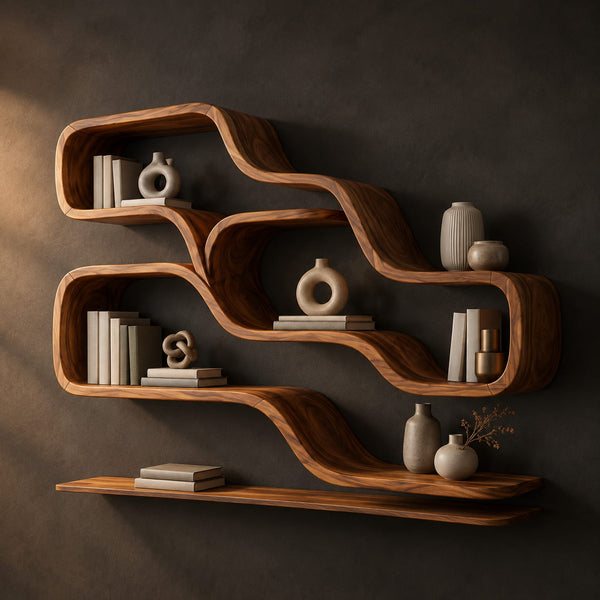 Wave Shelves With Flowing Open Cubbies And A Long Bottom Ledge