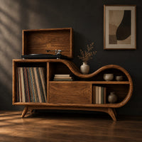 Low wooden record player stand with a wavy top and open record bay, three-quarter view showing the grain