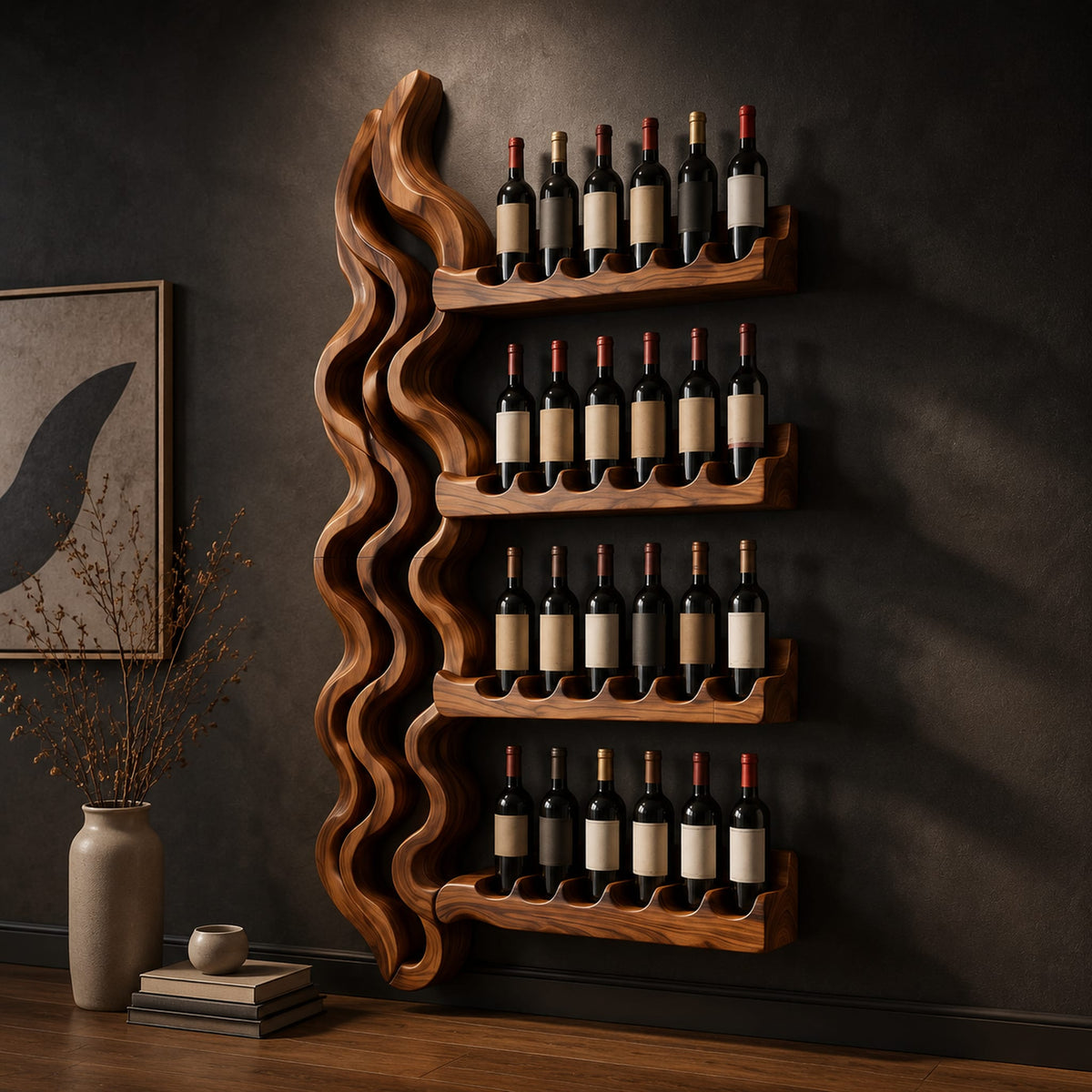 Wine rack with a tall wavy backbone and four notched shelf arms in a dark studio against a charcoal plaster wall
