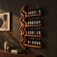 Wine rack with a tall wavy backbone and four notched shelf arms, three-quarter view showing the grain