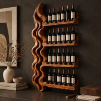 Corner detail of wine rack with a tall wavy backbone and four notched shelf arms beside wood, brass and linen samples