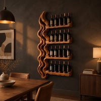 Wine rack with a tall wavy backbone and four notched shelf arms in a dark dining room at golden hour