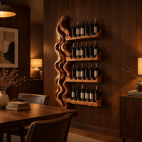 Wine rack with a tall wavy backbone and four notched shelf arms in an evening dining room with walnut wall paneling
