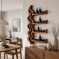 Wine rack with a tall wavy backbone and four notched shelf arms in a Scandinavian dining room with white walls