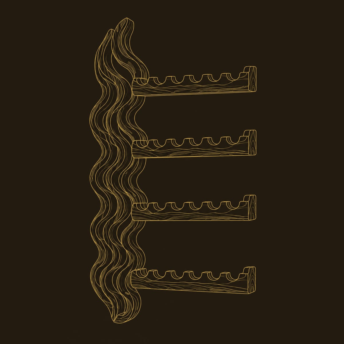 Wavy Backbone Wine Rack With Four Notched Shelf Arms dimension diagram