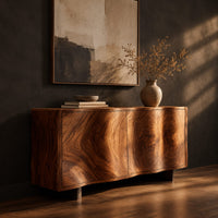 Wavy edged sideboard with two front panels and bold wood grain, three-quarter view showing the grain