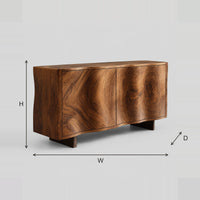 Wavy Edge Sideboard With Bold Grain And Two Panel Front dimension diagram with width, height and depth