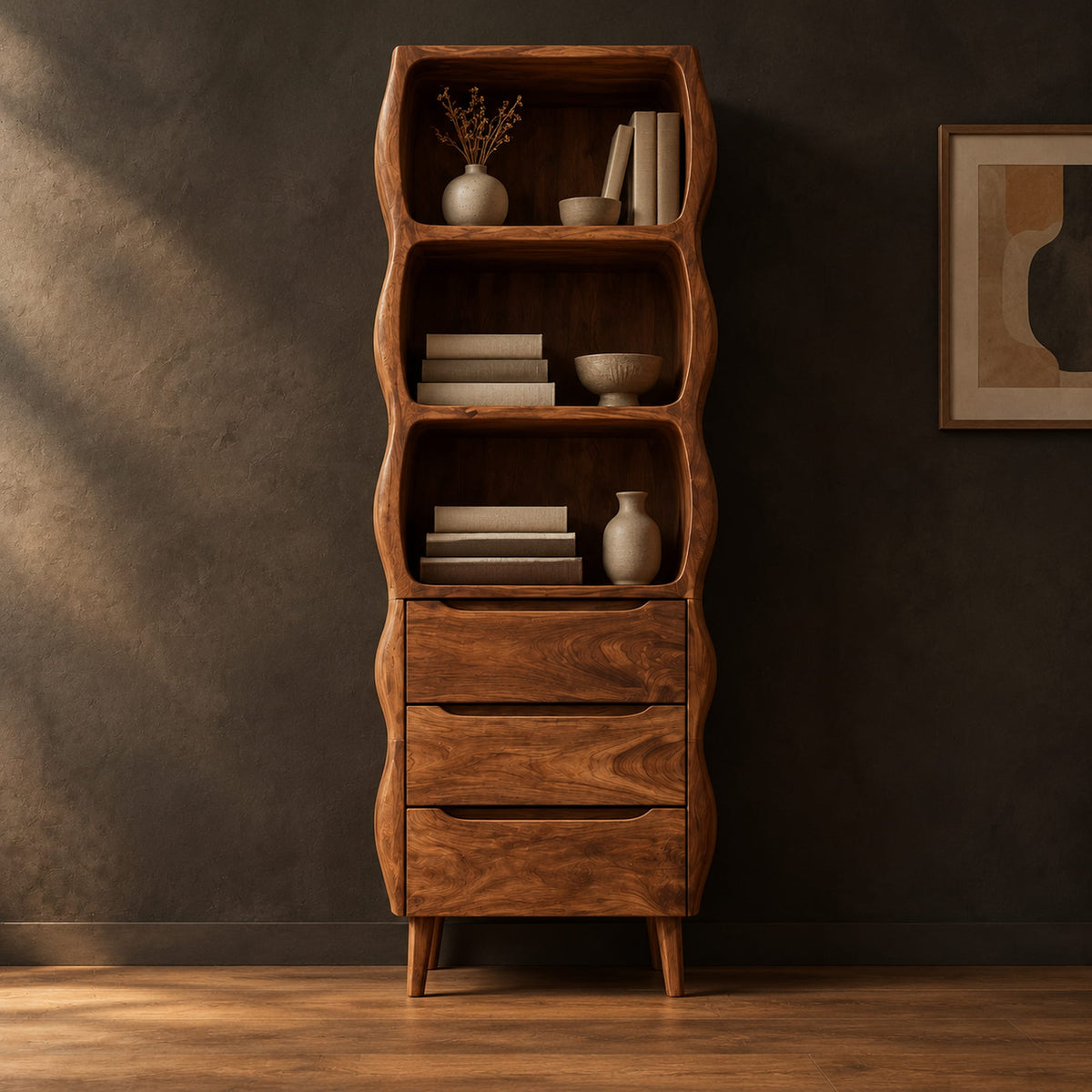 Tall bathroom cabinet with three wavy open shelves and three drawers in a dark studio against a charcoal plaster wall