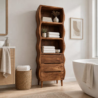 Tall bathroom cabinet with three wavy open shelves and three drawers in a Scandinavian bathroom with white walls
