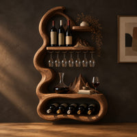 Wavy frame wine rack with a stemware rail and an oval bay in a dark studio against a charcoal plaster wall