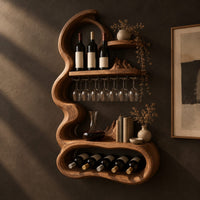 Wavy frame wine rack with a stemware rail and an oval bay, three-quarter view showing the grain