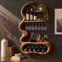 Corner detail of wavy frame wine rack with a stemware rail and an oval bay beside wood, brass and linen samples