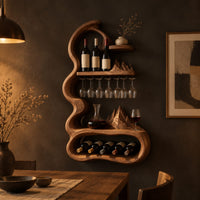 Wavy frame wine rack with a stemware rail and an oval bay in a dark dining room at golden hour