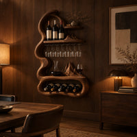 Wavy frame wine rack with a stemware rail and an oval bay in an evening dining room with walnut wall paneling