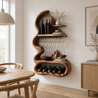 Wavy frame wine rack with a stemware rail and an oval bay in a Scandinavian dining room with white walls