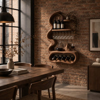Wavy frame wine rack with a stemware rail and an oval bay in an industrial loft dining room with exposed brick