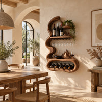 Wavy frame wine rack with a stemware rail and an oval bay in a bright open plan dining room