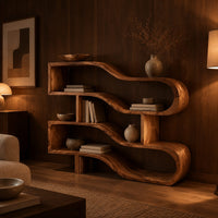 Wavy ribbon bookshelf with open shelves joined by chunky square posts in an evening living room with walnut wall paneling