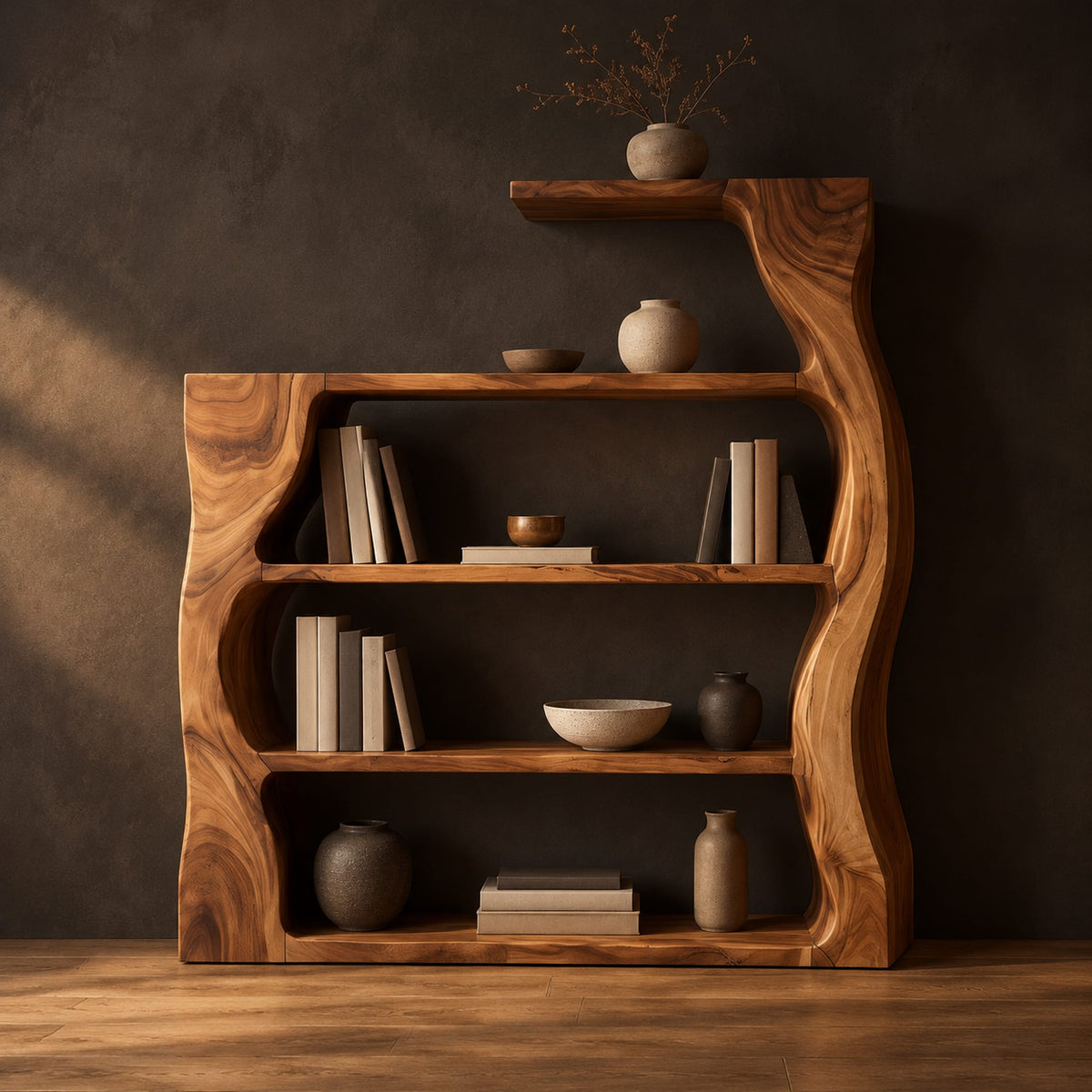 Bookshelf with wavy wood sides, open shelves and a top ledge in a dark studio against a charcoal plaster wall